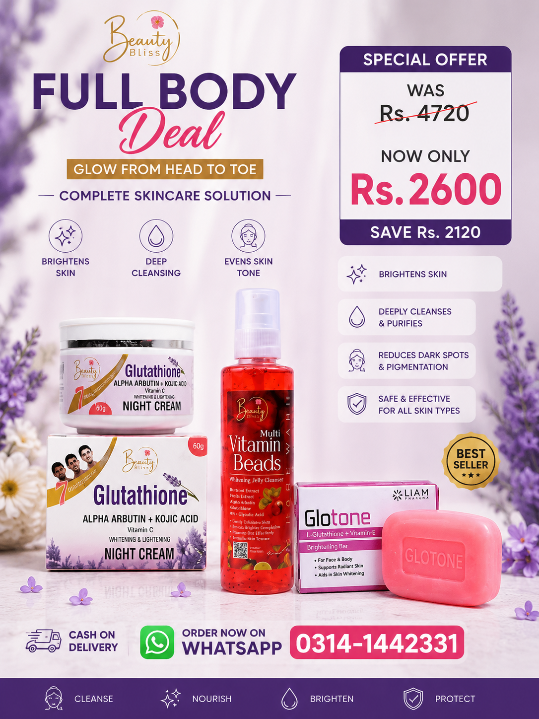 FULL BODY DEAL 1 Glutathione Night Cream Big + 1 Face Wash + 1 Soap