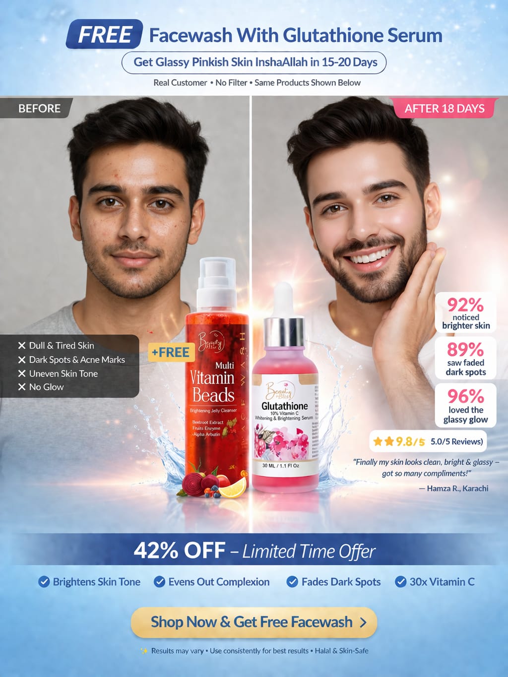 Glutathione 30X Vitamin C Serum + Vitamin Beads Jelly Facewash Free