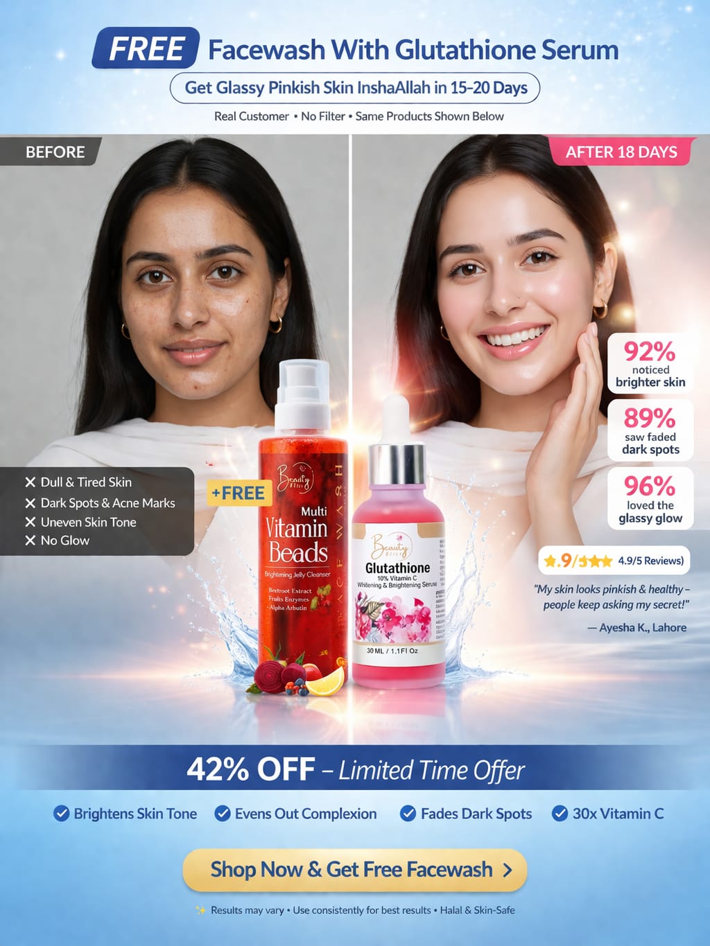 Glutathione 30X Vitamin C Serum + Vitamin Beads Jelly Facewash Free